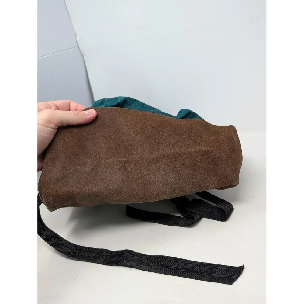 Vintage Eastpak Backpack Made in USA Teal Green Canvas Brown Suede Bottom